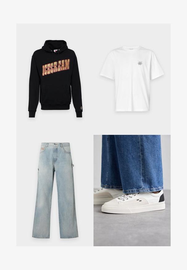 Zwarte hoodie met "ICECREAM" grafiek in geel en rood, met een kangoeroe-pocket en een klein ijsjespictogram op de mouw. Katoenen materiaal.; Witte t-shirt van katoen met korte mouwen, een ronde hals, en een klein grijs logo op de linker borstzijde. Soepele textuur.; Lichtblauwe wijde jeansbroek met vijf zakken, knoopsluiting en een lus aan de rechterkant voor gereedschap of accessoires.; Witte en zwarte sneakers met een glad leren bovenwerk, textuuraccenten en een chunky witte zool. Heeft een klassiek vetersluiting ontwerp.