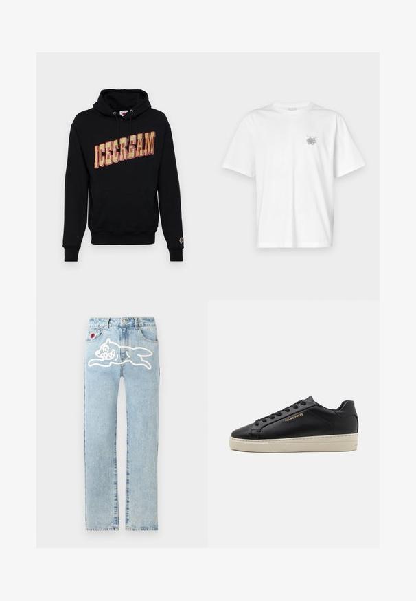Sort hættetrøje med "ICECREAM" grafik i gul og rød, med en kangaroo lomme og et lille is icon på ærmet. I bomulds materiale.; Hvid t-shirt lavet af bomuld med korte ærmer, rund halsudskæring og et lille gråt logo på venstre brystområde. Glat tekstur.; Icecream RUNNING DOG PANT - Jeans Straight Leg - heavy wash blue; Sorte lædersneakers med en glat finish, kontrasterende cremefarvet sål, rund tå, guld logo på siden og seks huller til snørebånd.
