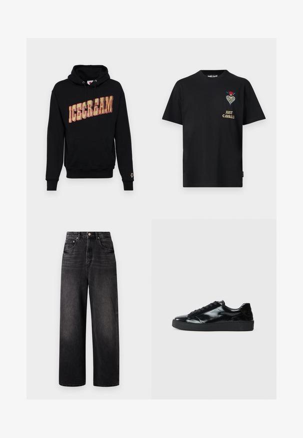 Zwarte hoodie met "ICECREAM" grafiek in geel en rood, met een kangoeroe-pocket en een klein ijsjespictogram op de mouw. Katoenen materiaal.; Zwart T-shirt met korte mouwen en ronde hals, geborduurd bloemmotief in de vorm van een hart en de tekst "JUST CAVALLI" op de linkerborst.; Zwarte denim jeans met een losse pasvorm, hoge taille, vijf zakken en een opvallende knoopsluiting. Heeft subtiele vervaging en een recht gesneden ontwerp.; Zwarte gepatenteerde leren sneakers met een ronde neus, vetersluiting, een gestructureerde rubberen zool en een glanzende afwerking.