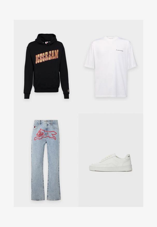 Sort hættetrøje med "ICECREAM" grafik i gul og rød, med en kangaroo lomme og et lille is icon på ærmet. I bomulds materiale.; Hvid kortærmet t-shirt i bomuld med v-hals, med et sort "FILLING PIECES" logo trykt på venstre side.; Lyseblå denimjeans med lige ben, med et stort rød, tegneserieagtigt kattegrafik på bagsiden og traditionel fem-lomme styling.; Hvide lædersneakers med en glat overflade, rund tå, flade snørebånd og en tekstureret sål. Har et diskret logo på hælen.