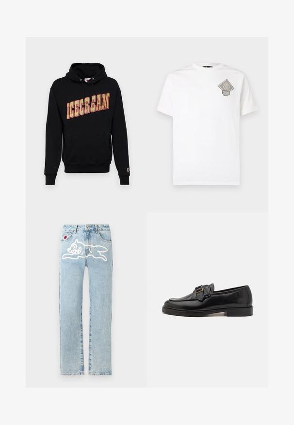 Zwarte hoodie met "ICECREAM" grafiek in geel en rood, met een kangoeroe-pocket en een klein ijsjespictogram op de mouw. Katoenen materiaal.; Wit katoenen T-shirt met een grijs logo in de vorm van een diamant op de linkerborst. Korte mouwen, ronde hals en reguliere pasvorm.; Icecream RUNNING DOG PANT - Straight leg jeans - heavy wash blue; Zwarte leren instappers met een ronde neus en een decoratieve gesp. Platte, stevige hak en een gladde textuur overal.