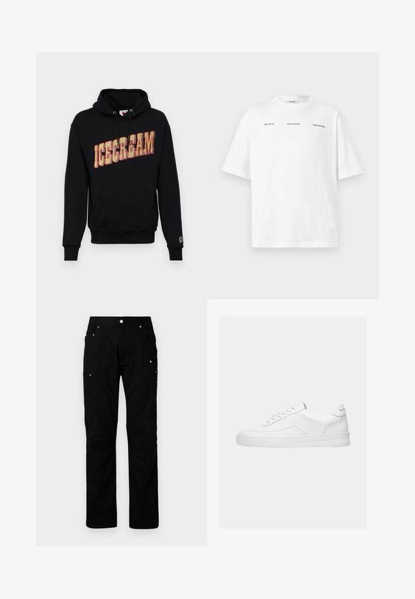 Sort hættetrøje med "ICECREAM" grafik i gul og rød, med en kangaroo lomme og et lille is icon på ærmet. I bomulds materiale.; Hvid kortærmet t-shirt med lille sort tekst "HZW (26-27)," "Holzweiler" og "'TABLESCAPES" på brystet, vist på en ensfarvet baggrund.; Sorte cargo-bukser lavet af slidstærkt stof med flere lommer, forstærket syning og metalaccenter for forbedret funktionalitet.; Hvid lavt sneaker med snørelukning, glat læderoverdel og tyk sål, vist fra siden på en ensfarvet baggrund.