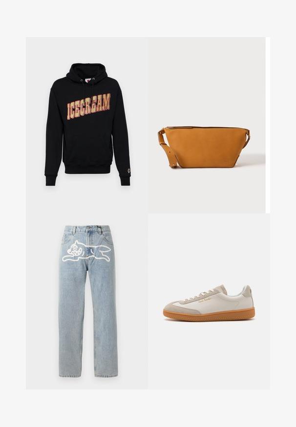 Sort hættetrøje med "ICECREAM" grafik i gul og rød, med en kangaroo lomme og et lille is icon på ærmet. I bomulds materiale.; Lyselavendel denim jeans med en lige pasform, der har et stort hvidt grafik af en kat på ryggen. Klassisk fem-lommers design.; Hvide og beige lavtoppede sneakers med gummisål, hvide snørebånd, detaljer i ruskind og guld "Paul Smith" logo på siden.; Lys brun læder crossbody taske med justerbar rem og lynlås, vist mod en ensartet lys baggrund.