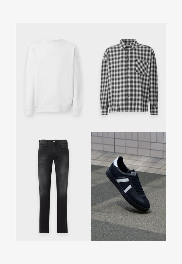 Witte sweatshirt met ronde hals, geribde mouwen en onderrand. Subtiel geborduurd logo op de voorkant. Gladde katoenmix stof.; Zwart-wit geruite blouse met lange mouwen, gemaakt van zachte stof, met een knoopsluiting aan de voorkant en een borstzak. Gekraagde ontwerp met een relaxte pasvorm.; Zwarte slim-fit jeans met een vijf-pocket ontwerp en knoopsluiting, met subtiele vervaging op de dijen en knieën.; Zwarte leren sneaker met witte strepen, een gestructureerde rubberen zool en vetersluiting aan de voorkant. Voorzien van een merklabel op de tong.