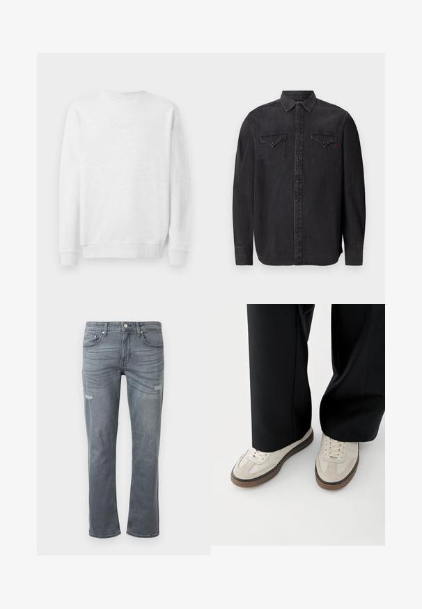 Witte sweatshirt met ronde hals, geribde mouwen en onderrand. Subtiel geborduurd logo op de voorkant. Gladde katoenmix stof.; Zwart denim overhemd met lange mouwen, een klassieke kraag, drukknoopsluitingen, twee borstzakken en een subtiel rood logo-detail.; Grijze denim jeans met een rechte pijpdesign, lichte slijtage bij de knieën en traditionele vijf-pocket stijl. Knopsluiting bij de taille.; Voeten met beige sneakers met bruine zolen en zwarte wijde broekspijpen op een witte achtergrond.