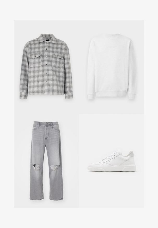 Sweatshirt blanc avec col rond, poignets et ourlet côtelés. Logo brodé subtil à l'avant. Tissu en mélange de coton doux.; Chemise en flanelle à carreaux gris et blancs avec une texture douce, dotée d'une fermeture à boutons sur le devant, de deux poches poitrine et de manches longues.; Jean en denim gris clair avec une taille haute, une coupe évasée et des déchirures aux genoux ; design classique à cinq poches et fermeture à bouton en métal.; Des baskets en cuir blanc avec une finition lisse, un bout rond, des lacets plats et une semelle texturée. Accents en daim gris au niveau du talon.