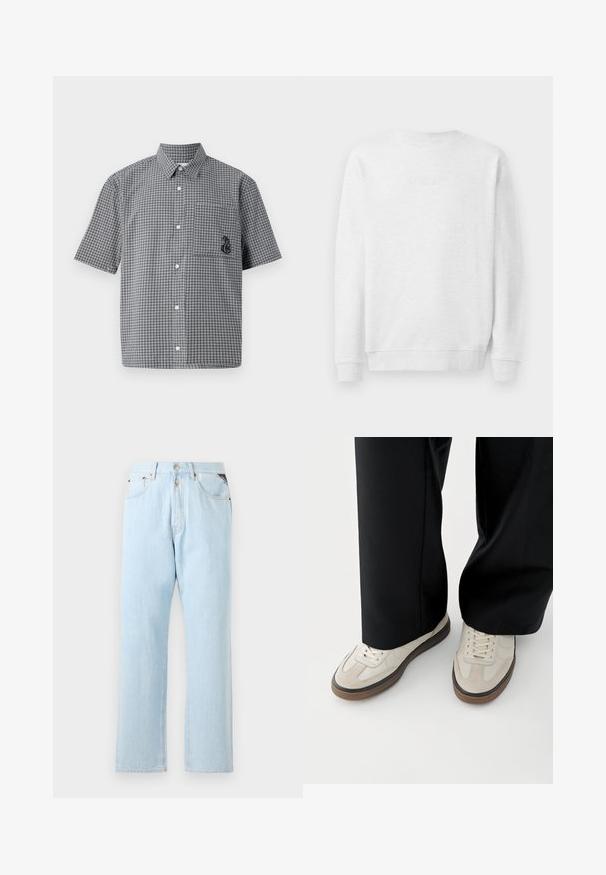 Witte sweatshirt met ronde hals, geribde mouwen en onderrand. Subtiel geborduurd logo op de voorkant. Gladde katoenmix stof.; Korte mouwen knoopsluiting overhemd in zwart-wit ruitpatroon, met een borstzak en geborduurd zeepaardje detail. Katoenen materiaal.; Lichtblauwe denimjeans met een rechte pijpdesign. Voorzien van een knoop- en ritssluiting, vijf zakken en contrasterende stiksels.; Voeten met beige sneakers met bruine zolen en zwarte wijde broekspijpen op een witte achtergrond.