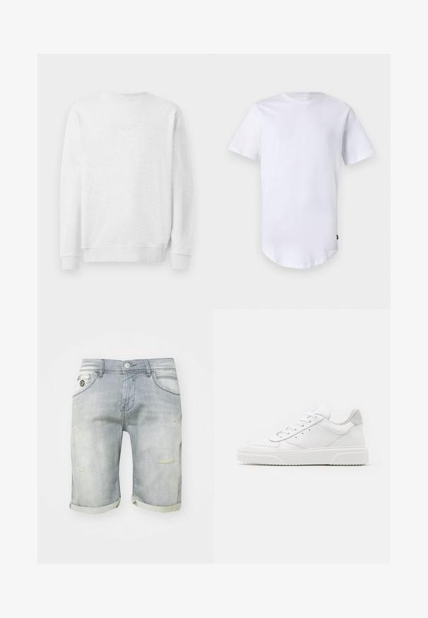 Sweatshirt blanc avec col rond, poignets et ourlet côtelés. Logo brodé subtil à l'avant. Tissu en mélange de coton doux.; T-shirt blanc à manches courtes en coton. Design à col rond avec un ourlet arrondi. Étiquette visible sur le côté inférieur gauche. Texture lisse.; Shorts en denim bleu clair avec un délavage usé, des revers roulés, des poches avant et des détails déchirés sur la cuisse. Fermeture à bouton à la taille.; Des baskets en cuir blanc avec une finition lisse, un bout rond, des lacets plats et une semelle texturée. Accents en daim gris au niveau du talon.