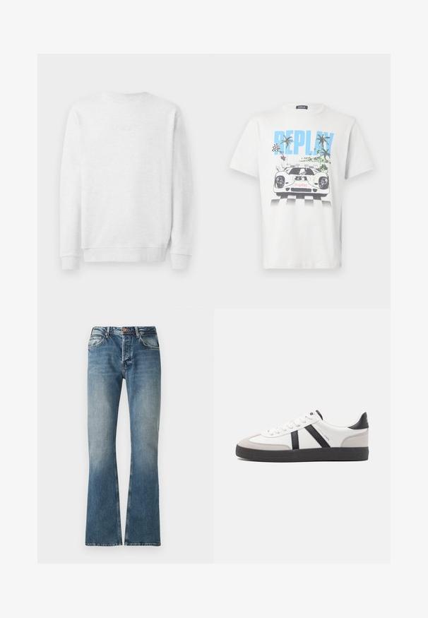 Weißes Sweatshirt mit Rundhalsausschnitt, gerippten Bündchen und Saum. Dezenter gestickter Logo auf der Vorderseite. Glattes Baumwollmischgewebe.; Weißes Baumwoll-T-Shirt mit einem bunten Motiv eines Rennwagens, Palmen und Schachbrett-Flaggen, mit dem Schriftzug "REPLAY" gut sichtbar.; Blaue Jeans aus Denim mit einem verwaschenen Effekt, geradem Bein Schnitt, Knopf- und Reißverschluss und fünf Taschen Design.; Weiße Sneaker mit schwarz- und grau-aczenten, ausgestattet mit einer strukturierten grauen Zehenkappe, schwarzer Gummi-Sohle und flachen weißen Schnürsenkeln. Sauberes Design, minimalistische Stil.