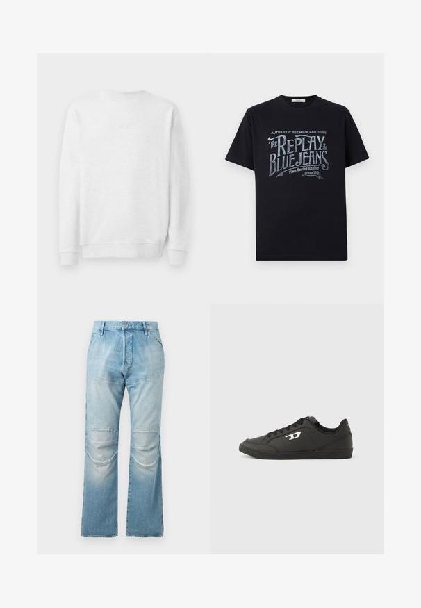 Weißes Sweatshirt mit Rundhalsausschnitt, gerippten Bündchen und Saum. Dezenter gestickter Logo auf der Vorderseite. Glattes Baumwollmischgewebe.; Schwarzes Baumwoll-T-Shirt mit kurzen Ärmeln und rundem Halsausschnitt, mit einem grafischen Textdesign im Vintage-Stil in Weiß und hellblau auf der Vorderseite.; Helle blaue, hochgeschnittene Jeans mit geradem Schnitt, ausgestattet mit Knieflicken und einer ausgewaschenen Textur. Metallknopfverschluss an der Taille.; Schwarze Sneakers aus synthetischem Material mit einer strukturierten schwarzen Sohle, rundem Zehenbereich und flachen schwarzen Schnürsenkeln. Auffälliges weißes Logo auf der Außenseite.