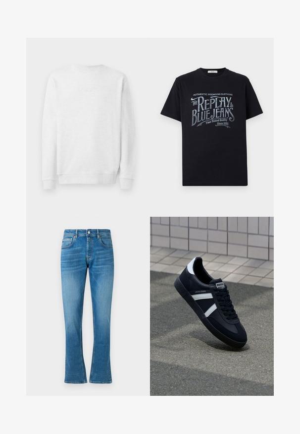 Weißes Sweatshirt mit Rundhalsausschnitt, gerippten Bündchen und Saum. Dezenter gestickter Logo auf der Vorderseite. Glattes Baumwollmischgewebe.; Schwarzes Baumwoll-T-Shirt mit kurzen Ärmeln und rundem Halsausschnitt, mit einem grafischen Textdesign im Vintage-Stil in Weiß und hellblau auf der Vorderseite.; Blaue Denim- Schlagjeans mit normaler Taille, zwei Fronttaschen und leichter Abnutzung. Der Stoff hat eine weiche Textur und traditionelle Nähte.; Schwarze Leder-Sneaker mit weißen Streifen, strukturiertem Gummisohle und Schnürung. Verfügt über ein Markenetikett auf der Zunge.