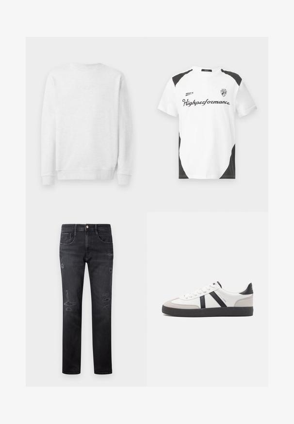 Sweatshirt blanc avec col rond, poignets et ourlet côtelés. Logo brodé subtil à l'avant. Tissu en mélange de coton doux.; T-shirt blanche à manches courtes avec des accents noirs. Présente le logo "REPLAY FC" et le texte "Highperformance" dans une police sportive. Fabriquée à partir d'un matériau lisse.; Jeans en denim noir à coupe droite, avec des patchs déchirés, cinq poches, un petit bouton en métal et des passants de ceinture à la taille.; Baskets blanches avec des accents noirs et gris, présentant un embout texturé gris, une semelle en caoutchouc noir et des lacets plats blancs. Design épuré, style minimaliste.