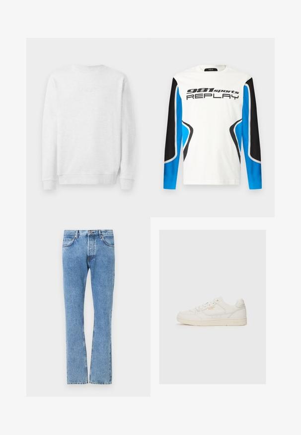 Weißes Sweatshirt mit Rundhalsausschnitt, gerippten Bündchen und Saum. Dezenter gestickter Logo auf der Vorderseite. Glattes Baumwollmischgewebe.; Langarm-Sportshirt mit weißer Vorderseite, schwarzen und blauen Ärmeln und dem Aufdruck "981 sports REPLAY" auf der Brust.; Hellblaue Jeans aus Denim mit geradem Bein, fünf Taschen und kontrastierenden Nähten. Standardbund mit Knopfverschluss.; Weiße Leder-Sneaker mit glatter Textur, versehen mit perforierten Akzenten, Schnürung an der Vorderseite und einem subtilen Logo in Gold an der Seite.