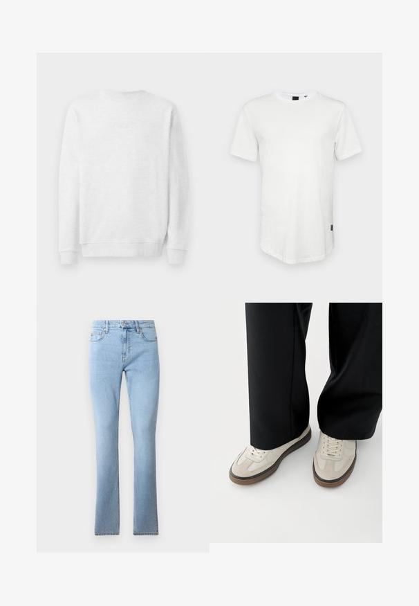 Sweatshirt blanc avec col rond, poignets et ourlet côtelés. Logo brodé subtil à l'avant. Tissu en mélange de coton doux.; T-shirt blanc à manches courtes en coton, avec un col rond et un dos légèrement allongé, arborant un petit logo sur le côté.; Jeans en denim bleu clair évasés avec une taille mi-haute, cinq poches et des coutures contrastées. Texture lisse avec une coupe classique.; Pieds portant des baskets beige avec des semelles marron et un pantalon noir à jambes larges sur fond blanc.