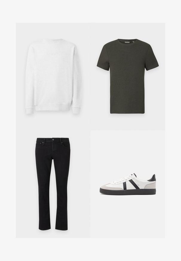 Sweatshirt blanc avec col rond, poignets et ourlet côtelés. Logo brodé subtil à l'avant. Tissu en mélange de coton doux.; T-shirt à manches courtes vert foncé avec un col rond, fabriqué en tissu côtelé ; présente un design simple et minimaliste sans motifs.; Jean en denim noir avec une coupe droite, design à cinq poches, fermeture à bouton en métal et détails de couture minimalistes. Texture lisse sur l'ensemble.; Baskets blanches avec des accents noirs et gris, présentant un embout texturé gris, une semelle en caoutchouc noir et des lacets plats blancs. Design épuré, style minimaliste.