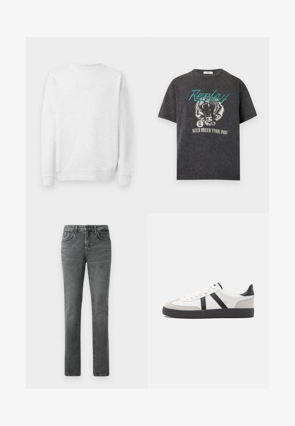 Weißes Sweatshirt mit Rundhalsausschnitt, gerippten Bündchen und Saum. Dezenter gestickter Logo auf der Vorderseite. Glattes Baumwollmischgewebe.; Schwarz gewaschenes T-Shirt mit türkisfarbenem "Replay"-Schriftzug, brüllendem Tiger-Design und weißem "Wild Breed Tour 1981"-Text darunter.; Graue Jeans aus Denim mit geradem Bein, Fünf-Taschen-Design, dezenter Ausbleichung und Gürtelschlaufen. Keine sichtbaren Logos oder Verzierungen.; Weiße Sneaker mit schwarz- und grau-aczenten, ausgestattet mit einer strukturierten grauen Zehenkappe, schwarzer Gummi-Sohle und flachen weißen Schnürsenkeln. Sauberes Design, minimalistische Stil.