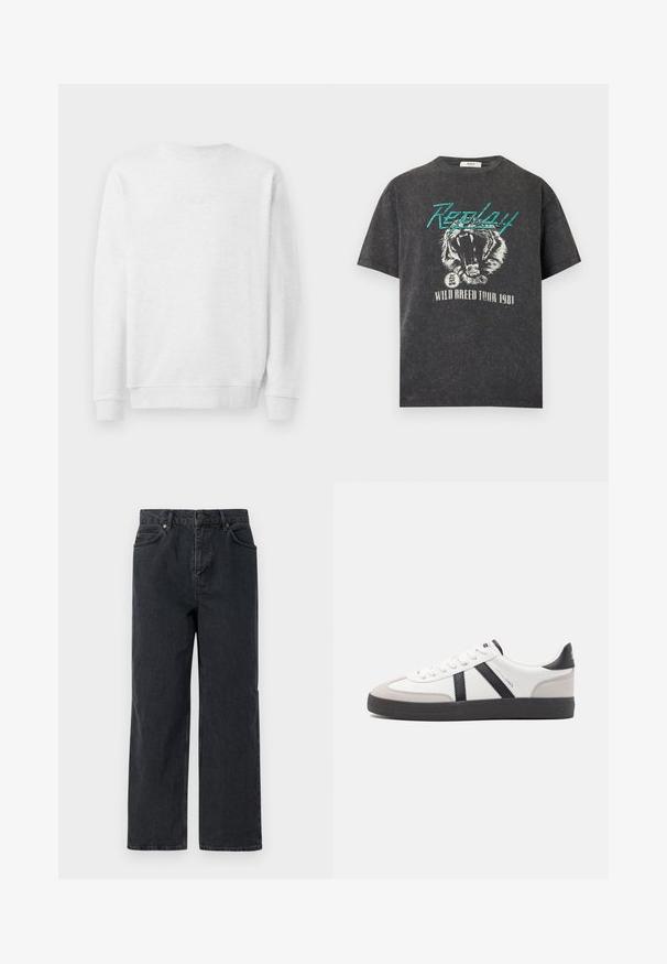 Weißes Sweatshirt mit Rundhalsausschnitt, gerippten Bündchen und Saum. Dezenter gestickter Logo auf der Vorderseite. Glattes Baumwollmischgewebe.; Schwarz gewaschenes T-Shirt mit türkisfarbenem "Replay"-Schriftzug, brüllendem Tiger-Design und weißem "Wild Breed Tour 1981"-Text darunter.; Dunkelblaue Denim-Hosen mit weitem Bein, Fünf-Taschen-Design und Knopfverschluss. Enthält Hardware in kupferfarbener Ausführung und eine subtile Textur.; Weiße Sneaker mit schwarz- und grau-aczenten, ausgestattet mit einer strukturierten grauen Zehenkappe, schwarzer Gummi-Sohle und flachen weißen Schnürsenkeln. Sauberes Design, minimalistische Stil.