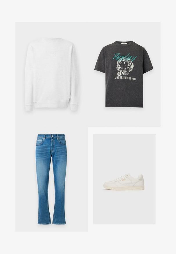 Sweatshirt blanc avec col rond, poignets et ourlet côtelés. Logo brodé subtil à l'avant. Tissu en mélange de coton doux.; T-shirt noir délavé avec texte "Replay" en sarcelle, motif tigre rugissant et texte blanc "Wild Breed Tour 1981" en dessous.; Jean en denim bleu évasés avec une taille mi-haute, deux poches avant et un léger délavage. Le tissu a une texture douce et des coutures traditionnelles.; Sneaker en cuir blanc avec une texture lisse, comportant des accents perforés, un laçage à l'avant, et un logo subtil en doré près du côté.