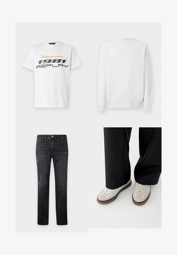 Weißes Sweatshirt mit Rundhalsausschnitt, gerippten Bündchen und Saum. Dezenter gestickter Logo auf der Vorderseite. Glattes Baumwollmischgewebe.; Replay SHORT SLEEVE GRAPHIC - T-Shirt print - natural white; Schwarze Denim-Jeans mit geradem Schnitt, die mit abgeriebenen Patches, fünf Taschen, einem kleinen Metallknopf und Gürtelschlaufen an der Taille ausgestattet sind.; Füße mit beigen Sneakers mit braunen Sohlen und schwarzen Hosen mit weitem Bein auf weißem Hintergrund.