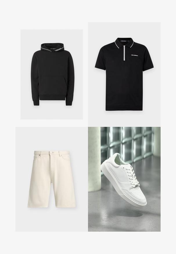 Sweat à capuche noir avec poche kangourou, poignets et bas côtelés, et logo blanc "Michael Kors" sur le bord de la capuche.; Polo noir à manches courtes avec bordure blanche sur le col et les manches, fermeture éclair à moitié devant et logo "KARL LAGERFELD" sur la poitrine.; Short beige longueur genou avec bouton sur le devant, fermeture éclair, passants pour ceinture, deux poches avant et un design épuré et simple.; Baskets en cuir blanc avec un bout arrondi, une fermeture à lacets sur le devant et une semelle en caoutchouc plate. Présente des détails perforés et un accent discret du logo.