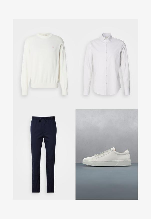 Hvid strikket sweater med lange ærmer, ribbede manchetter og kant, med et lille rødt logo på brystet. Blød tekstur, rund halsudskæring.; Hvid langærmet skjorte med spids krave, knaplukning foran, lavet af et glat stof. Har en subtil stribet tekstur.; Mørkeblå, letvægtsbukser med elastisk talje og snøre. Lige ben, glat tekstur, ingen lommer eller mønstre.; Hvid lædersneaker med rund tå, minimalistisk design, grå snørebånd og en tekstureret grå gummisål. Subtile syningsdetaljer er synlige.