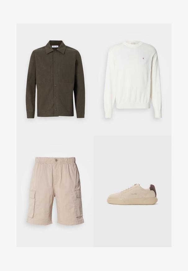 Hvid strikket sweater med lange ærmer, ribbede manchetter og kant, med et lille rødt logo på brystet. Blød tekstur, rund halsudskæring.; Mørkegrøn, langærmet skjorte lavet af glat stof, med spidse kraver, frontknapper og to brystlommer.; Beige cargo shorts med elastisk talje, knaplukning, to sidelommer og ekstra lommer på lårene. Letvægtsstof.; Beige ruskind sneakers med rund tå, snørret foran og en brun ruskindsdetalje på hælen. Har en tekstureret gummisål.