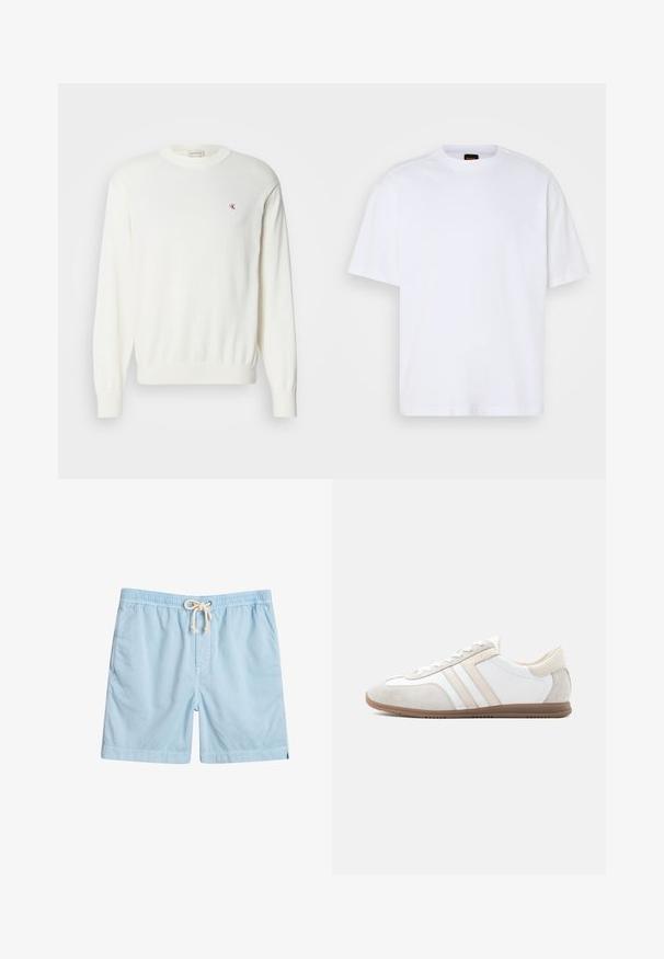 Suéter blanco de punto con mangas largas, puños y dobladillo acanalados, con un pequeño logo rojo en el pecho. Textura suave, cuello redondo.; Camiseta de algodón blanca con cuello redondo, mangas cortas y un corte relajado. Presenta costuras de hombro texturizadas para un detalle adicional.; Bañador azul claro de tejido suave, con cintura elástica, bolsillos frontales y cordón de ajuste para mayor comodidad.; Zapatilla de perfil bajo en blanco y beige con detalles en ante, cierre de cordones y suela de goma marrón, mostrada de lado sobre un fondo llano.