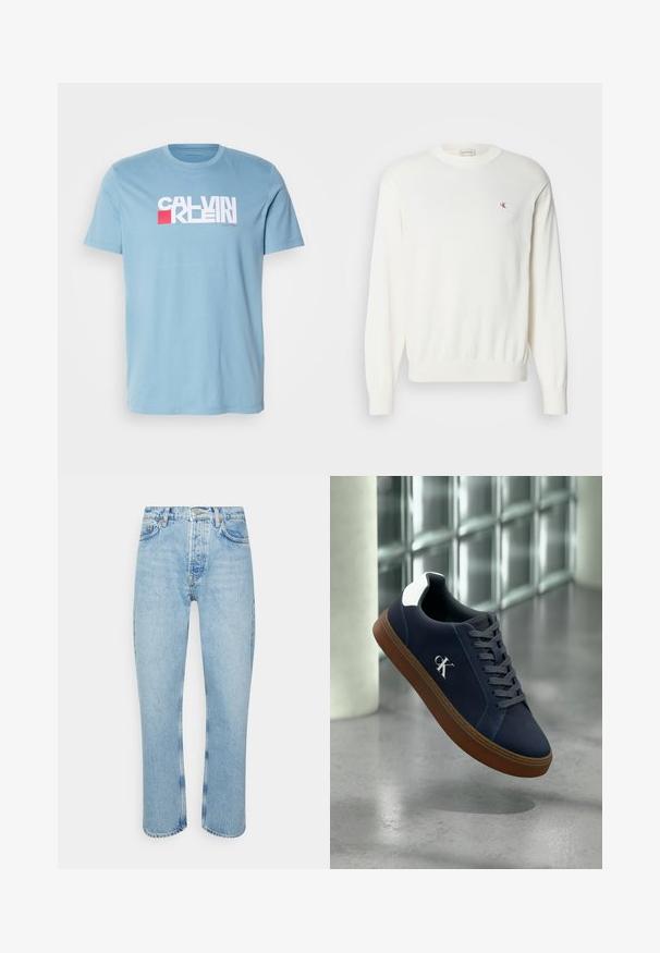 Hvid strikket sweater med lange ærmer, ribbede manchetter og kant, med et lille rødt logo på brystet. Blød tekstur, rund halsudskæring.; Lyseblå bomulds T-shirt med et fremtrædende grafisk logo i hvid og rød, med klassisk rund hals og korte ærmer.; Lyseblå denimjeans med lige snit, høj talje, fem-lomme design og synlige strikdetaljer ved sømmene og sømmen.; Marineblå sneakers med brun sål, grå snørebånd, hvid hælaccent og hvidt "CK"-logo, svævende indendørs nær glasstensvæg og betongulv.
