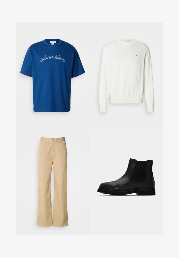 Weißer Strickpullover mit langen Ärmeln, gerippten Bündchen und Saum, mit einem kleinen roten Logo auf der Brust. Weicher Stoff, Rundhalsausschnitt.; Blauses Baumwoll-T-Shirt mit Rundhalsausschnitt und kurzen Ärmeln, auf dem "calvin klein" elegant in weißer Schreibschrift über die Brust gestickt ist.; Beige, weit geschnittene Hosen aus einer Baumwollmischung. Mit einem Knopfverschluss und Gürtelschlaufen. Glatte Textur mit minimalen Nähten.; Schwarzer Chelsea-Stiefel aus Leder mit elastischen Seitenteilen, rundem Zehenbereich und strukturierter Oberseite. Verfügt über eine flache Gummisohle und dezente Markenakzente.