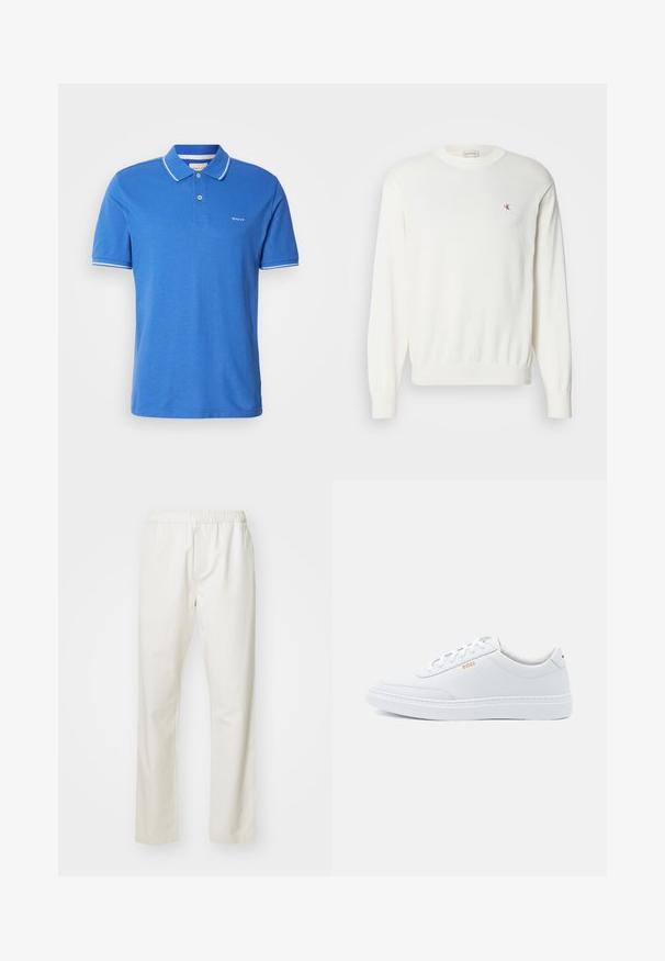 Suéter blanco de punto con mangas largas, puños y dobladillo acanalados, con un pequeño logo rojo en el pecho. Textura suave, cuello redondo.; Polo azul hecho de algodón con un cuello clásico. Presenta un ribete blanco en las mangas, un logo en el pecho y una tapeta de botones.; Pantalones de algodón blancos con cintura elástica y diseño de pierna recta, que presentan una textura suave y sin patrones ni acentos visibles.; Zapatillas de cuero blanco con textura suave, puntera redondeada y costuras tonales. Cuentan con cordones azules y un logo dorado en el lateral.