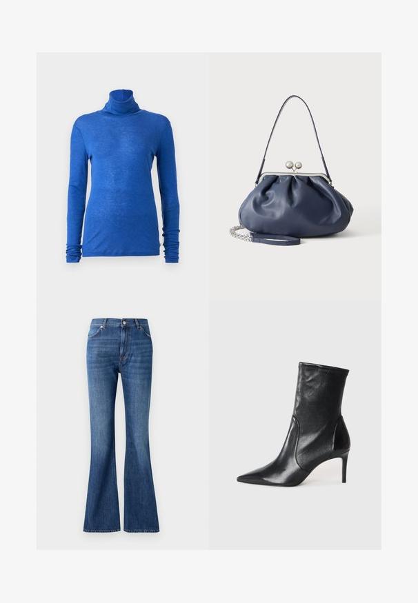 CLOSED TURTLE NECK - Πουλόβερ - galaxy blue; Μπλε φλαρέ τζιν κατασκευασμένα από τζιν ύφασμα, με ψηλή μέση, πέντε τσέπες και έναν απαλό σχεδιασμό ξεθωριασμένου κοντά στις ραφές.; Μαύρες αστράγαλοι μπότες από λείο δέρμα, με μυτερή μύτη, εφαρμοστό μάκτρο και λεπτό ψηλό τακούνι. Μινιμαλιστικός σχεδιασμός χωρίς ορατά μεταλλικά στοιχεία.; Μαλακή τσάντα από δέρμα σε ναυτικό μπλε χρώμα με ασημένιο κλείσιμο, έναν ιμάντα ώμου και αποσπώμενο αλυσίδα για τον καρπό σε λευκό φόντο.