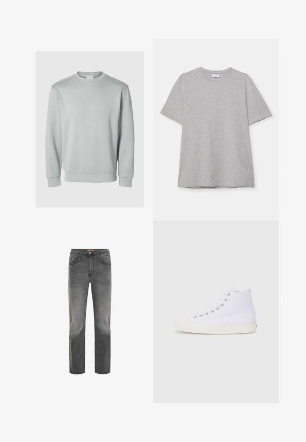 Sweatshirt gris clair avec un col rond, des manches longues, des poignets et un ourlet à côtes, fabriqué dans un tissu lisse et doux. Pas de logos visibles.; T-shirt gris à manches courtes fabriqué en tissu doux et texturé. Présente un col rond classique et un ourlet droit, idéal pour une tenue décontractée.; Jeans droit pour hommes en denim gris foncé délavé, avec poches avant, passants de ceinture et fermeture à bouton.; Baskets montantes blanches en toile avec bout rond, œillets en métal et semelle en caoutchouc crème. Texture lisse avec des détails de design minimalistes.