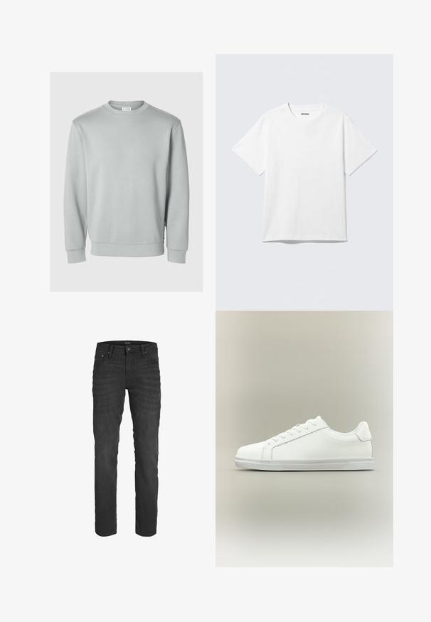 Helles graues Sweatshirt mit Rundhals, langen Ärmeln, gerippten Bündchen und Saum, hergestellt aus einem glatten, weichen Stoff. Keine sichtbaren Logos.; Weißes T-Shirt mit kurzen Ärmeln und Rundhalsausschnitt, flach liegend, schlichtes Design, mit „WEEKDAY“-Etikett innen im Kragen auf hellem Hintergrund.; Schwarze Jeans aus Denim mit schmaler Passform, Fünf-Taschen-Design, klassischem Knopf- und Reißverschluss sowie subtiler, durchgängiger Ausbleichung.; Weißer Sneaker mit niedrigem Schaft, Schnürung vorne und strukturierter Gummisohle vor einfachem neutralem Hintergrund.