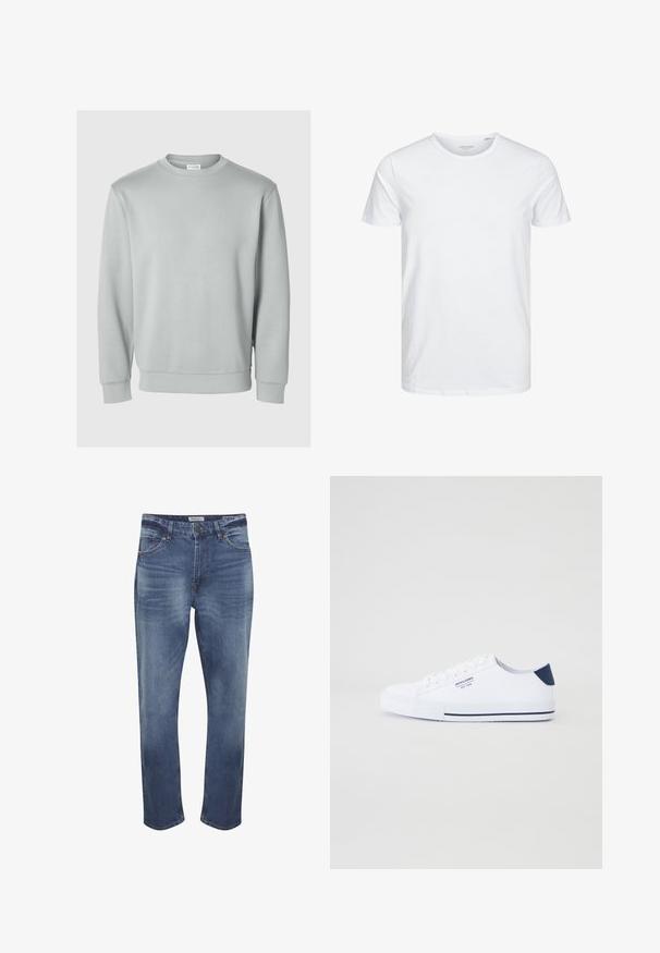 Sudadera gris claro con cuello redondo, mangas largas, puños y dobladillo acanalados, hecha de una textura de tela suave y lisa. Sin logotipos visibles.; Camiseta de manga corta y cuello redondo en blanco sólido, fabricada en algodón suave, presenta un diseño simple sin patrones ni acentos visibles.; Vaqueros de mezclilla en azul medio con un acabado descolorido, diseño de cinco bolsillos, cierre de cremallera y corte recto estándar. Detalles de costura distintivos.; Zapatillas de lona blancas con un acento en el talón en color navy, suela de goma plana, punta redonda y cordones blancos. Presenta un logo en el costado.