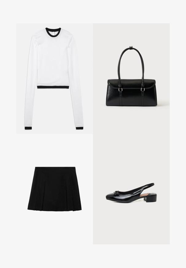 Witte cropped top met lange mouwen, voorzien van een zwarte geribde ronde halslijn en bijpassende zwarte accenten bij de manchetten. Soepele, rekbare stof.; Zwarte geplooide mini-rok van een gladde, gestructureerde stof met een discreet opening met rits aan de zijkant. Heeft gelijkmatig verdeelde verticale plooien.; Zwarte lak leren slingback-schoen met lage blokhak en klein strikdetail op de afgeronde neus, zijaanzicht op witte achtergrond.; Zwarte leren rechthoekige handtas met klep en twee lange handvatten tegen een effen witte achtergrond.