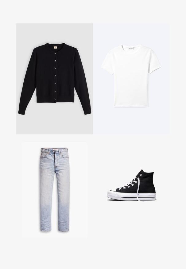 Sort cardigan med rund hals, lange ærmer og frontknaplukning. Lavet af blødt stof med diskrete ribbede manchetter og kant.; Ensfarvet hvid t-shirt med korte ærmer og rund halsudskæring med en lille "WEEKDAY" label indeni halskanten, vist fladt på en lys baggrund.; Lyseblå denimjeans med lige ben, der har en knaplukning, fem lommer og en diskret falmning langs benene.; Sort high-top canvas sneaker med hvid gummisål og hvide snørebånd, vist fra siden mod en hvid baggrund.