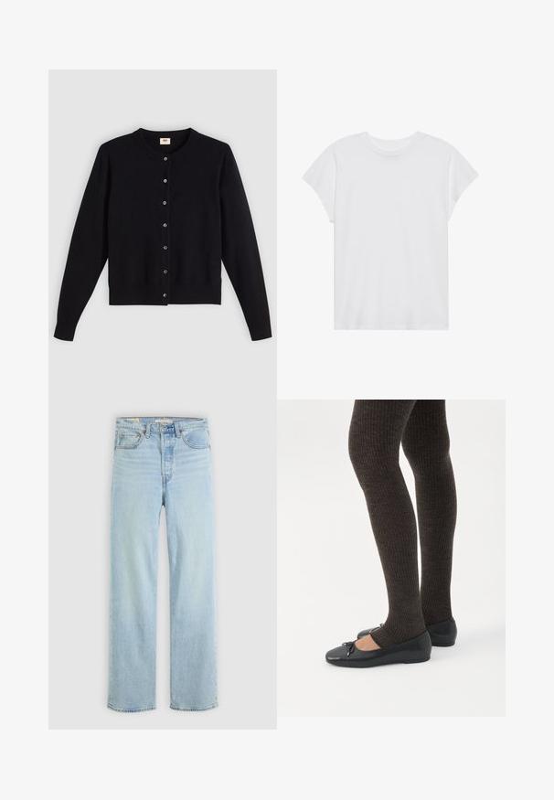 Cárdigan negro con cuello redondo, mangas largas y cierre frontal de botones. Hecho de una tela suave con puños y dobladillo acanalados sutiles.; Camiseta blanca de manga corta con cuello redondo, corte relajado, hecha de suave tela de algodón. Textura lisa, sin estampados ni logotipos.; Jeans de denim azul claro con corte recto, que cuentan con cinco bolsillos, un cierre de cremallera clásico y costuras visibles.; Piernas con leggings oscuros acanalados combinados con bailarinas negras que presentan pequeños detalles de lazo sobre un fondo blanco.
