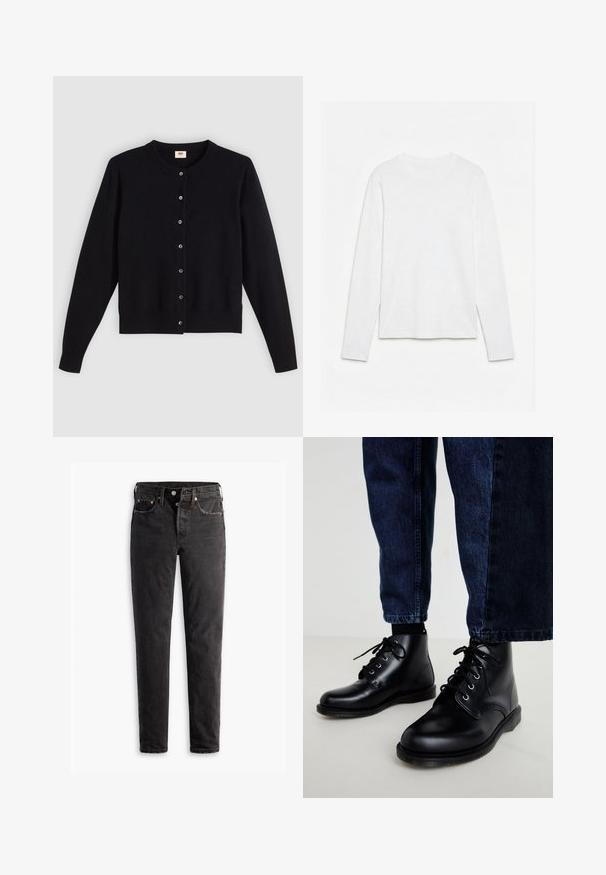 Sort cardigan med rund hals, lange ærmer og frontknaplukning. Lavet af blødt stof med diskrete ribbede manchetter og kant.; Helt hvid langærmet t-shirt med rund hals lagt fladt på en hvid overflade, der viser fronten og hele ærmelængden.; Sorte denim jeans med lige ben, der har fem lommer, kobberhardware og en let slidte måde.; Sorte ankelstøvler i læder med runde snuder, snørelukning, sølvfarvede forskruninger og teksturerede såler, kombineret med mørkeblå denimjeans.