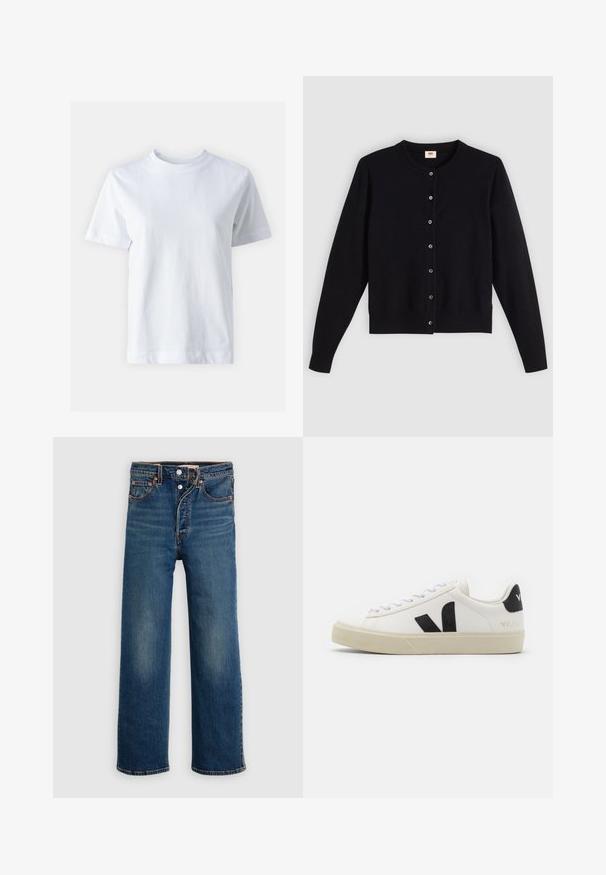 Cardigan noir avec un col rond, des manches longues et une fermeture à boutons sur le devant. Fabriqué en tissu doux avec des poignets et un ourlet côtelés subtils.; T-shirt en coton blanc avec un col rond, manches courtes, coupe droite et texture lisse. Sans motifs ni embellissements.; Jean en denim bleu foncé avec une coupe décontractée. Comprend un style à cinq poches, une fermeture à boutons et un léger délavage sur les cuisses.; Baskets en cuir blanc avec un logo V en caoutchouc noir. Semelle texturée blanc cassé, lacets blancs et détail sur le talon arrière portant le nom de la marque en noir.
