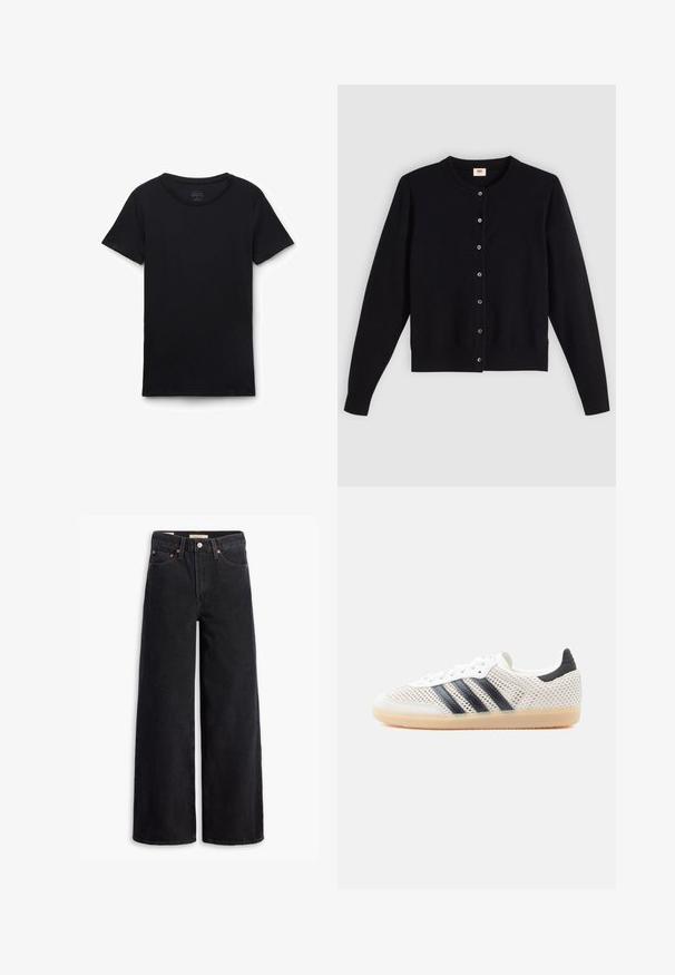 Sort cardigan med rund hals, lange ærmer og frontknaplukning. Lavet af blødt stof med diskrete ribbede manchetter og kant.; Sort t-shirt med korte ærmer og rund hals lagt fladt på hvid baggrund, der viser forfra og glat stoftekstur.; Sorte brede benjeans lavet af denim, med fem lommer, kobbernitter og en klassisk knaplukning. Glat tekstur med et rent design.; Hvide mesh-sneakers med sort tre-stribet design, rundet tå og gummisål. Har blød hælkant og snørelukning.
