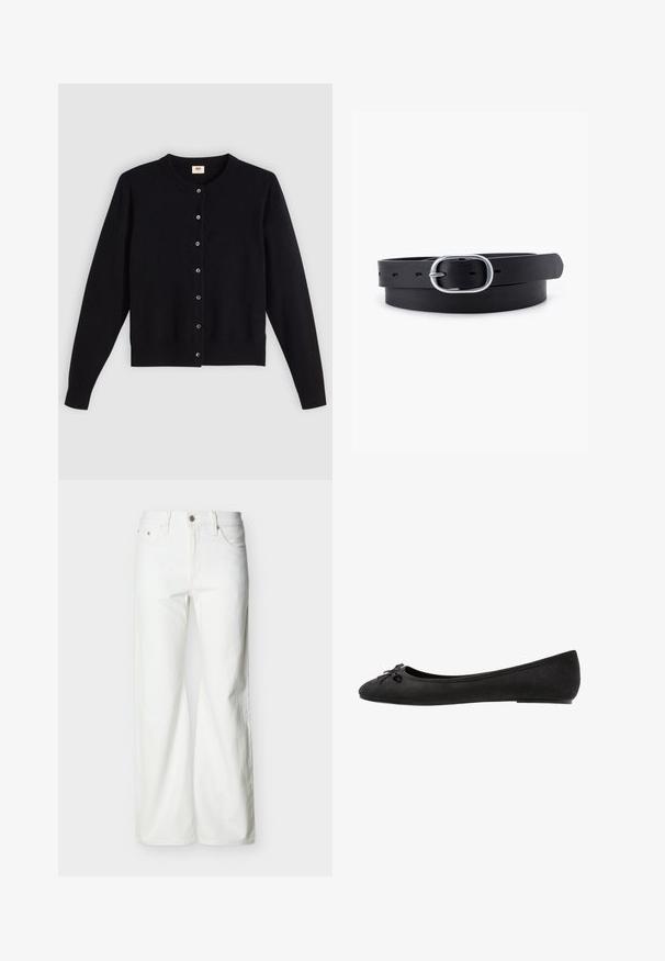 Sort cardigan med rund hals, lange ærmer og frontknaplukning. Lavet af blødt stof med diskrete ribbede manchetter og kant.; Hvide jeans med høj talje og lige ben, med forreste knap, lynlåslukning samt sidelommer og baglommer, mod en ensartet lys baggrund.; Sorte ruskind ballet flats med rund tå, prydet med en dekorativ sløjfe på forsiden og flad sål. Glat tekstur og klassisk form.; Sort læderbælte med en glat overflade, oval sølvmetalspænde og flere justeringshuller langs stroppen. Flad, minimalistisk design.