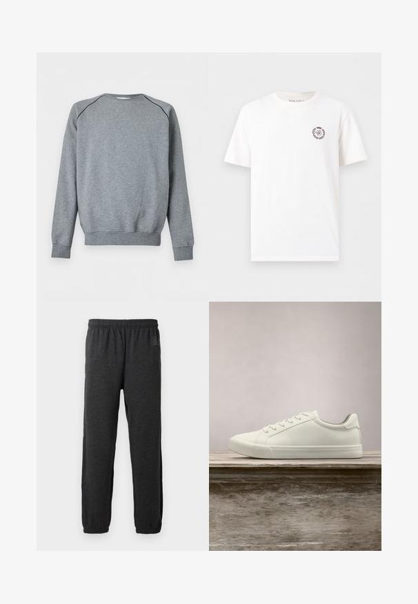 Effen grijze trui met lange mouwen, geribde manchetten en zoom, met dunne zwarte bies langs de schoudernaden.; Witte T-shirt met korte mouwen en een ronde hals met klein kastanjebruin wapenlogo op de linkerborst met letters en lauwerkrans.; Grijze sweatpants van zacht materiaal, met een elastische tailleband en taps toelopende benen met elastische boorden. Subtiele logo-detail op een been.; Witte vetersneaker die boven een houten bank zweeft met groene bladeren op de achtergrond, waarbij het ontwerp en de textuur van de schoen worden getoond.