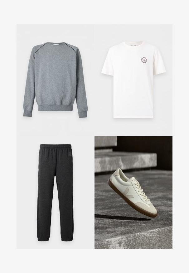 Effen grijze trui met lange mouwen, geribde manchetten en zoom, met dunne zwarte bies langs de schoudernaden.; Witte T-shirt met korte mouwen en een ronde hals met klein kastanjebruin wapenlogo op de linkerborst met letters en lauwerkrans.; Grijze sweatpants van zacht materiaal, met een elastische tailleband en taps toelopende benen met elastische boorden. Subtiele logo-detail op een been.; Witte leren sneakers met een bruine rubberen zool, platte veters en een V-vormig accent aan de zijkant. Ze hebben een glad oppervlak en minimale stikdetails.