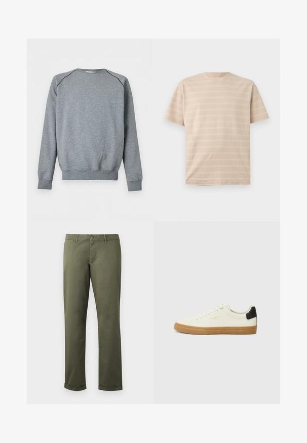 Sweat-shirt gris uni à manches longues avec poignets et ourlet côtelés, présentant un fin passepoil noir le long des coutures d'épaule.; T-shirt beige à manches courtes et col rond avec de subtiles rayures horizontales texturées sur un fond uni.; Pantalons en coton vert olive avec une coupe droite, ourlets retroussés, poches avant et fermeture à bouton. Texture lisse avec des détails de couture subtils.; Sneaker en toile blanche avec une semelle en gomme, accent au talon noir, bout rond et design à lacets. Présente le logo de la marque en doré sur le côté.