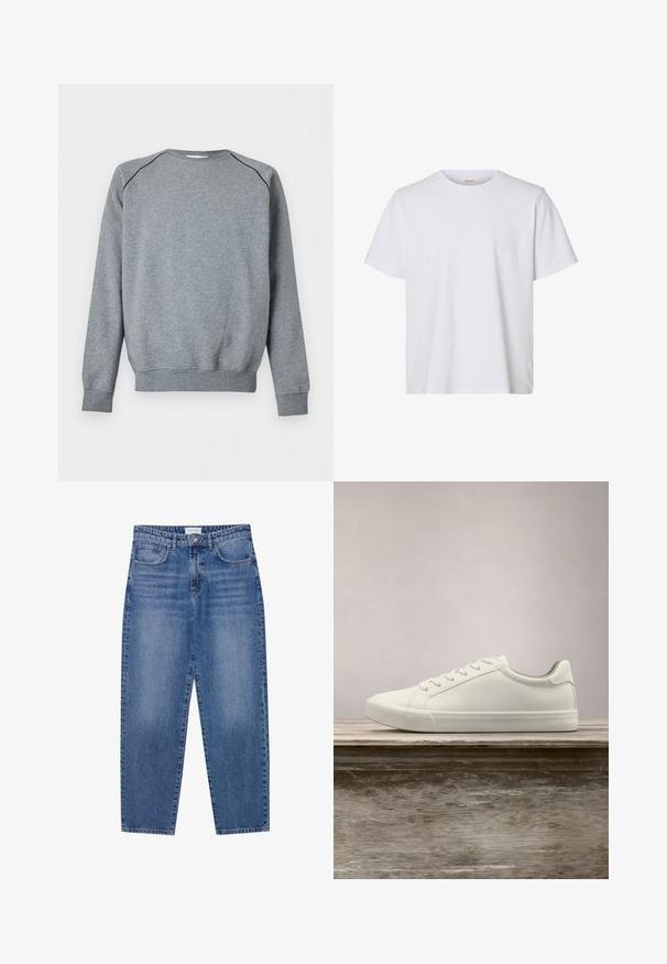 Effen grijze trui met lange mouwen, geribde manchetten en zoom, met dunne zwarte bies langs de schoudernaden.; Effen wit T-shirt met korte mouwen en ronde hals, met een regular fit en een gladde stoftextuur, weergegeven op een witte achtergrond.; Blauwe denim jeans met een hoge taille, rechte pijpen en een vervaagde afwerking. Beschikt over vijf zakken en een knoopsluiting.; Witte vetersneaker die boven een houten bank zweeft met groene bladeren op de achtergrond, waarbij het ontwerp en de textuur van de schoen worden getoond.