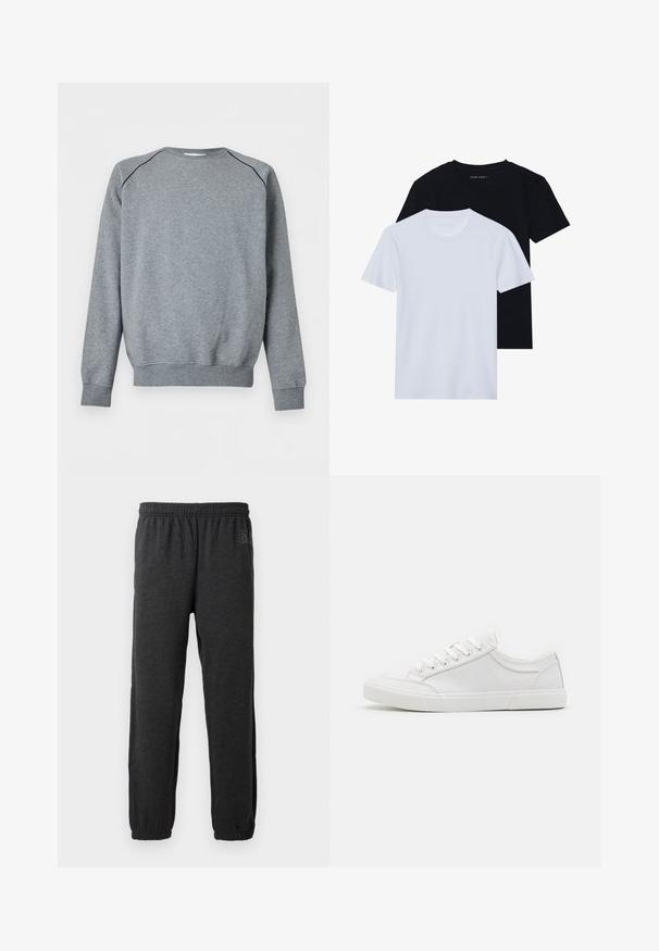 Enkelt gråt sweatshirt med lange ærmer, ribbet kant ved ærmer og bund, med tynd sort piping langs skuldersømmene.; To kortærmede t-shirts med rund hals, en sort og en hvid, lavet af blødt bomuldsstof med ribbet struktur. Klassisk pasform design.; Grå sweatpants lavet af blødt stof, med elastisk talje og indsnævrede ben med elastiske manchetter. Subtilt logo detalje på det ene ben.; Hvide sneakers med en glat læderoverdel, rund tå, flad gummisål og seks øjestik til snørebånd. Subtile syninger og minimalistisk design.