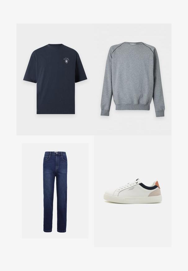 Sweat-shirt gris uni à manches longues avec poignets et ourlet côtelés, présentant un fin passepoil noir le long des coutures d'épaule.; T-shirt bleu marine à col rond avec manches courtes, présentant un petit motif floral blanc et un texte en écriture cursive sur la poitrine gauche.; Jean en denim bleu foncé, avec un design à jambe droite, cinq poches, une fermeture à bouton et de subtils détails de couture horizontale.; Baskets en cuir blanc avec un design bas, accent en tissu bleu marine sur le col et onglet de talon en daim rose pâle. Semelle en caoutchouc.