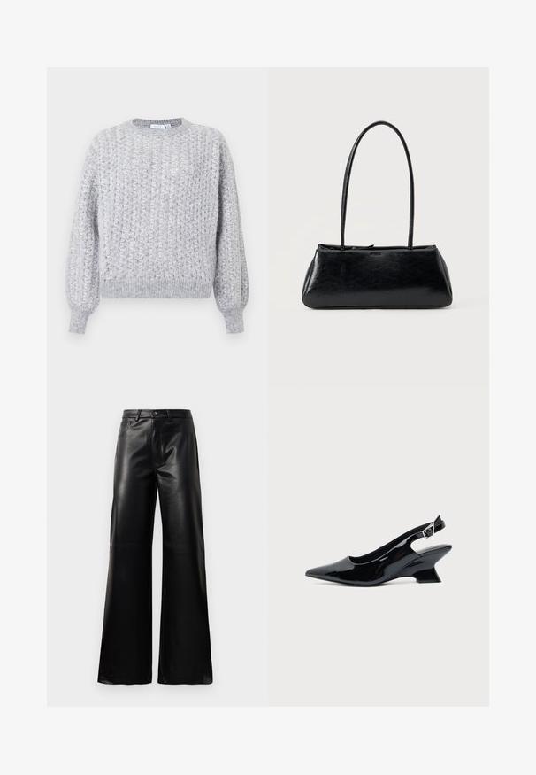 Suéter gris de punto con un patrón geométrico, cuello redondo, puños y dobladillo de canalé, con un ajuste ligeramente holgado.; Pantalones de imitación de cuero negros de cintura alta y pierna ancha con botón frontal, cierre de cremallera, pasadores para cinturón y bolsillos laterales sobre fondo blanco.; Zapato slingback de cuero charol negro con puntera puntiaguda y tacón bajo en bloque inclinado sobre fondo claro liso.; Bolso de hombro rectangular negro con correas largas y delgadas y una textura lisa y brillante sobre un fondo liso.