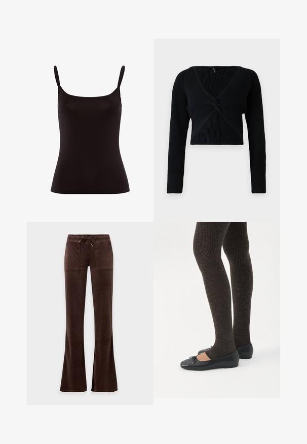 Sort cropped sweater lavet af ribstrikket stof, med en dyb V-hals, lange ærmer og en knyttet frontdetalje for ekstra struktur.; Sorte camisole-top med tynde stropper, lavet af glat stof. Har en tætsiddende design og en rund halsudskæring, uden mønstre eller dekorationer.; Mørkebrune velourbukser med snøre i taljen, to frontlommer og let udvidede ben mod en ensfarvet baggrund.; Ben iført mørke ribbede leggings kombineret med sorte balletsko med små sløjfedetaljer på hvid baggrund.