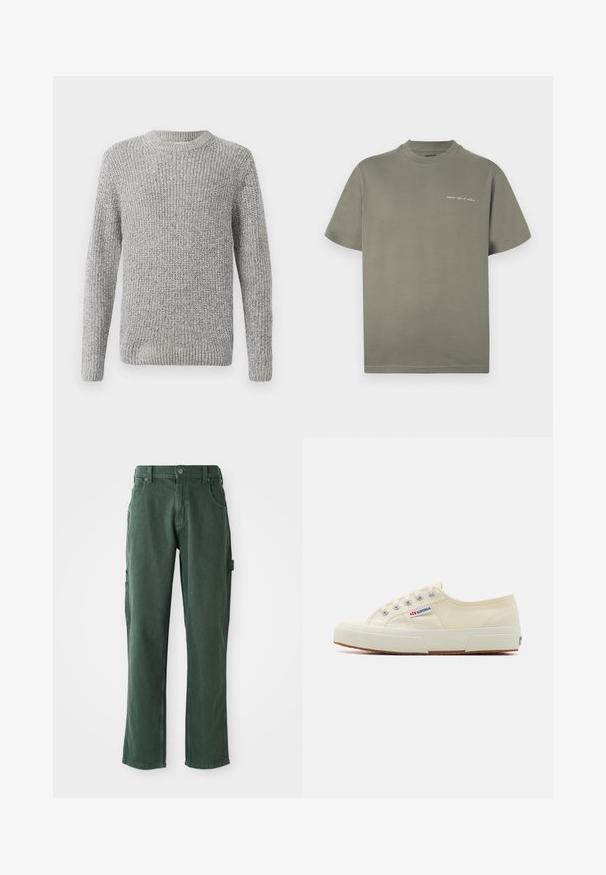 Grå strikket sweater med lange ærmer, rund halsudskæring og ribbede manchetter og kant. Teksturen er tyk og struktureret, velegnet til køligere vejr.; Olivengrøn bomuld t-shirt med klassisk rund hals, korte ærmer og en lille hvid tekstdetalje på forsiden. Enkel, ubemærket design.; Grønne cargo bukser lavet af bomuldsblanding, med en lige ben skæring, lommer og tonalt syning. Glat tekstur med subtil glans.; Beige lærredssneaker med et lavprofildesign, metaløjet og gummisål. Har et tekstureret mønster og logodetalje på siden.